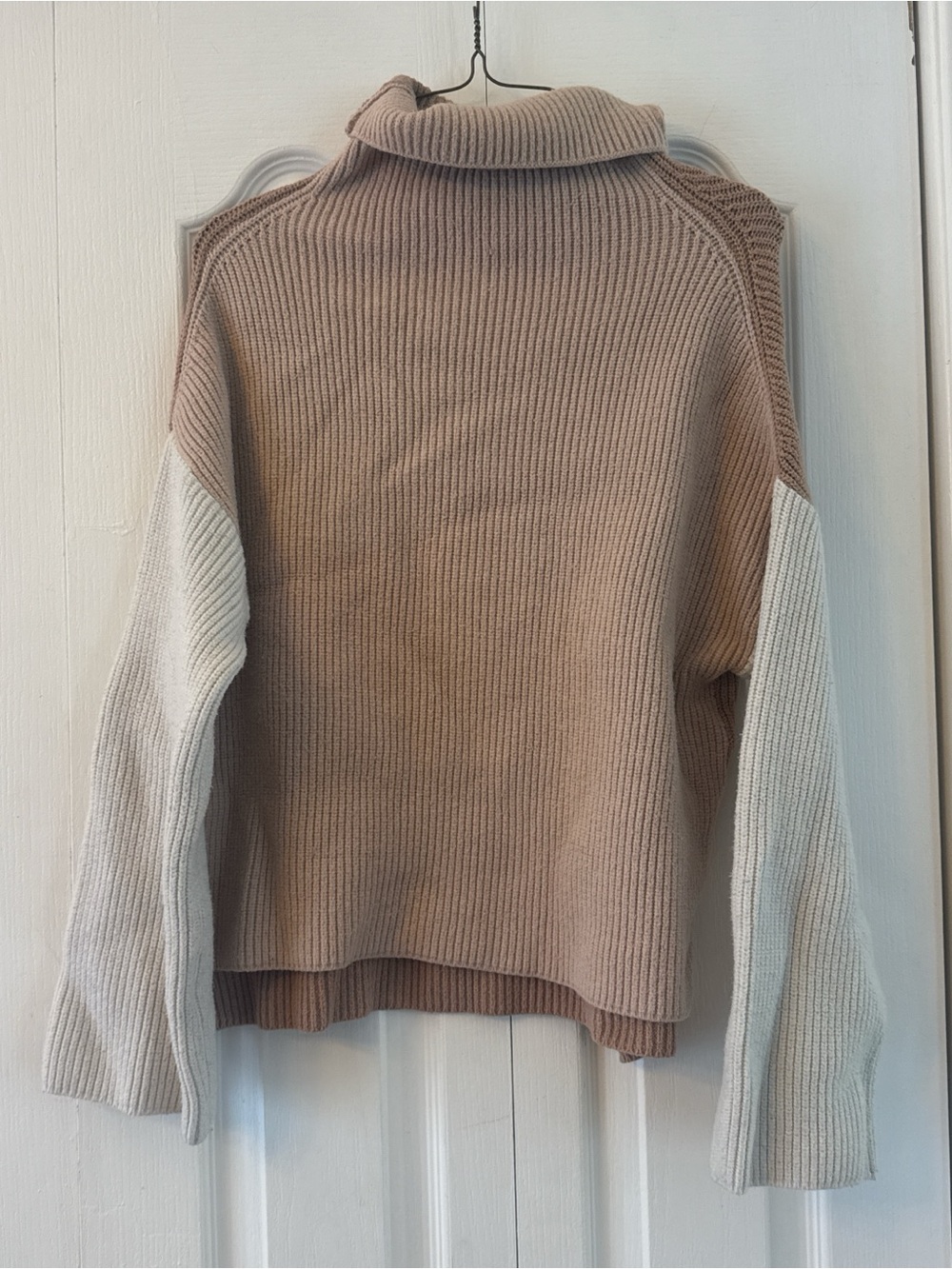 Women's Two-Tone Taupe and Cream Ribbed Turtleneck Sweater